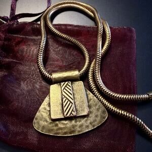 Modernist Fused Gold Tone Metal Hammered Pendant Necklace